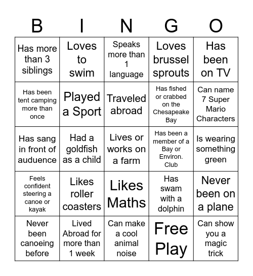 IceBreaker People Bingo Card
