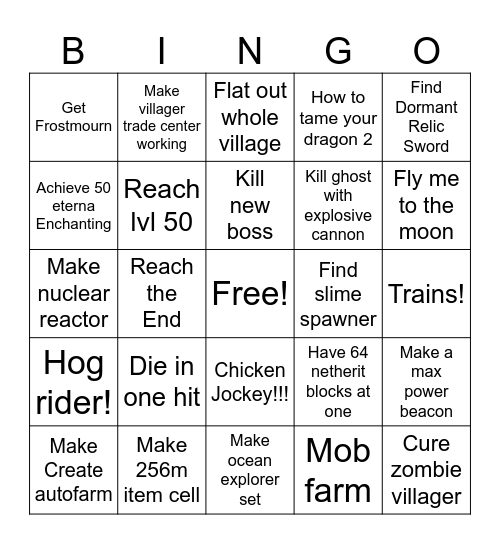 Minecraft gameplay Bingo Card