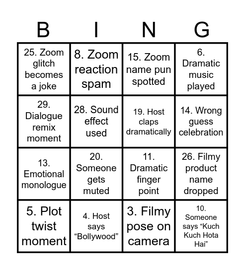 BOLLYWOOD BINGO Card