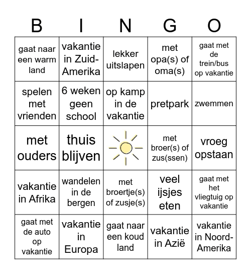 Vakantie BINGO Card