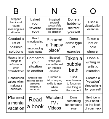 Distress Tolerance Bingo Card