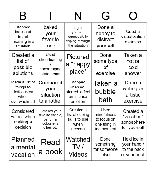 Distress Tolerance Bingo Card