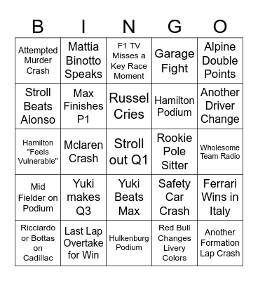 2025 Season Bingo Card
