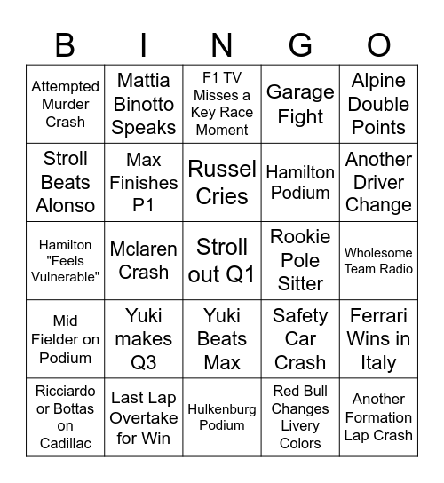 2025 Season Bingo Card