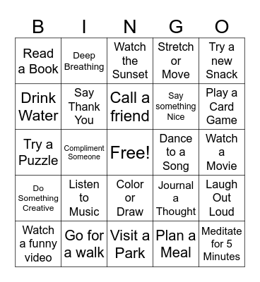 Leisure Time Bingo Card
