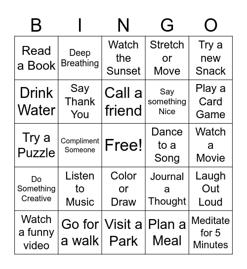 Leisure Time Bingo Card