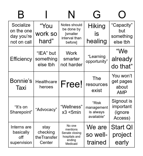 Orientation Redux Bingo Card
