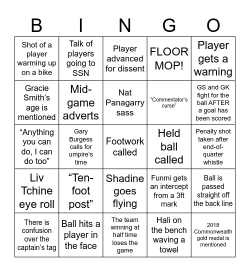 Netball Superleague Final 2025 Bingo Card