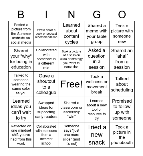 Opportunity Culture® ​ Literacy Coalition Summer Institute Bingo Card