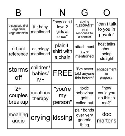 Ultimatum Queer Love Finales Bingo Card