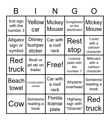 NOLA To Orlando Road Trip Bingo Card