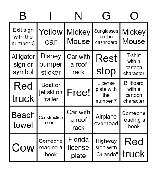NOLA To Orlando Road Trip Bingo Card