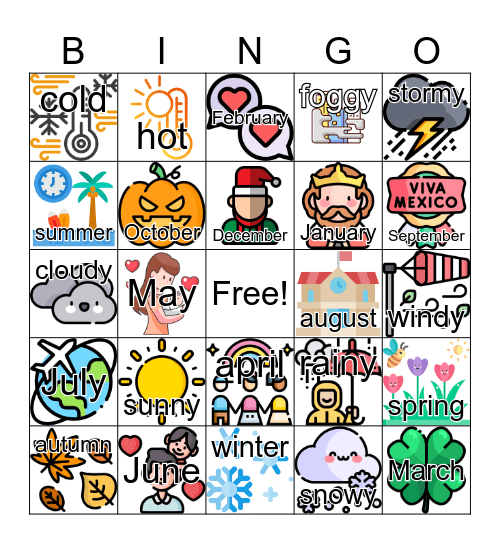 Weather, seasons and months Bingo Card