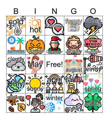 Weather, seasons and months Bingo Card