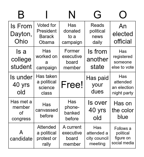 Greater Dayton Young Dems Meet & Greet Bingo Card