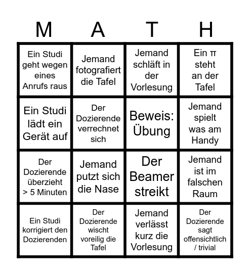 Vorlesungs Bingo, für einzelne Vorlesungen Bingo Card