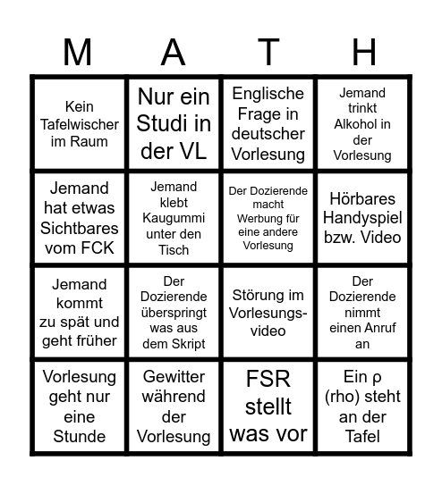 Vorlesungs Bingo (ganzes Semstester - schwer) Bingo Card