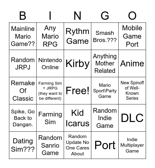 Nintendo Direct Bigo Bingo Card