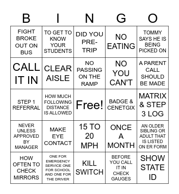SCHOOL BUS Bingo Card