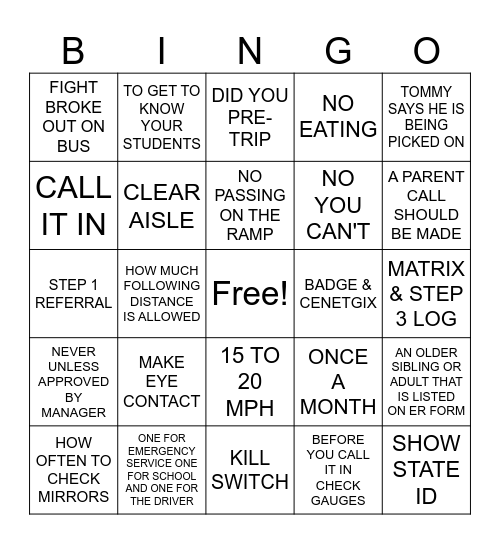 SCHOOL BUS Bingo Card