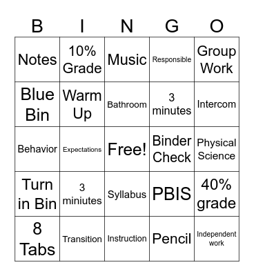 Classroom Expectations Bingo Card