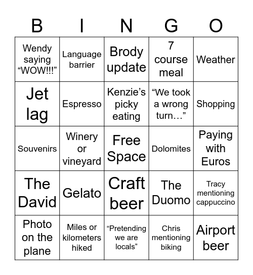 C&K Italy Bingo Card