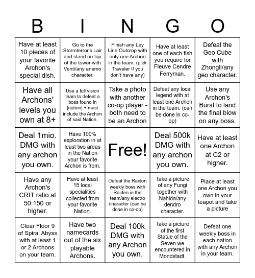 Archon Bingo Card