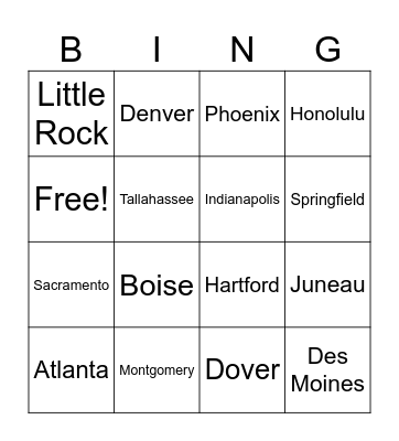US States and Capitals Bingo Card
