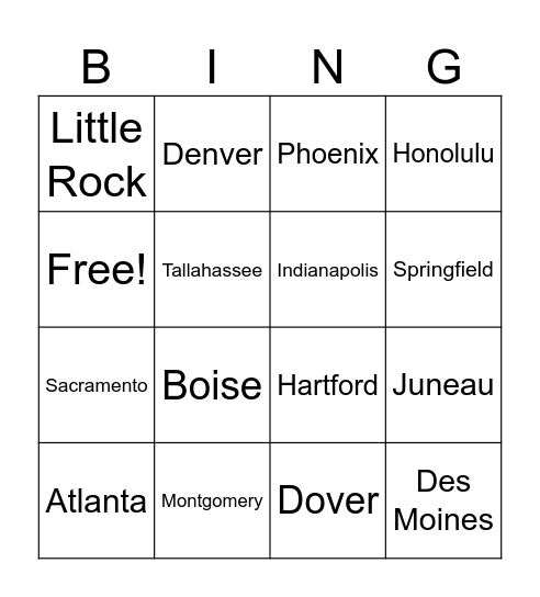 US States and Capitals Bingo Card