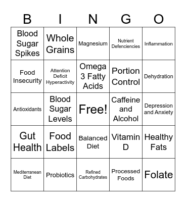 Nutrition Bingo Card