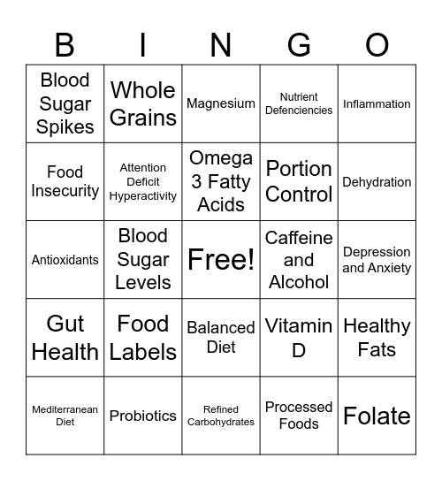 Nutrition Bingo Card