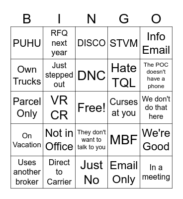 Sales Rejection Bingo Card