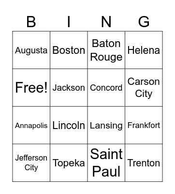 US States and Capitals 2 Bingo Card