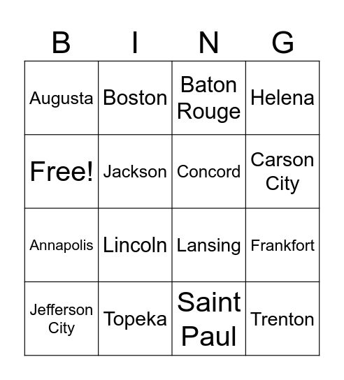 US States and Capitals 2 Bingo Card