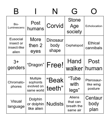Spec bio Sophont Bingo Card