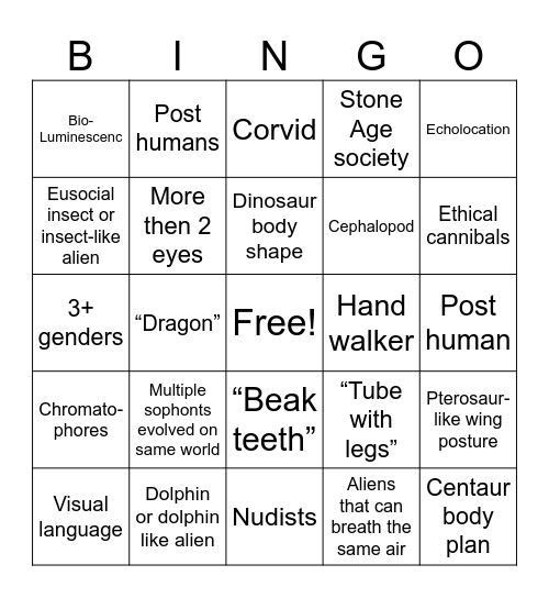 Spec bio Sophont Bingo Card
