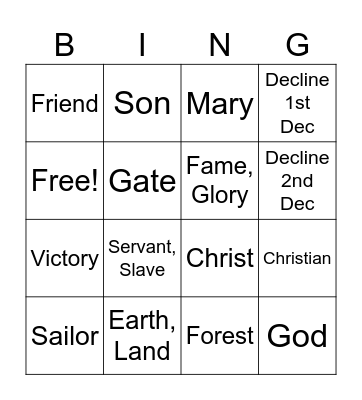 Latin Class Bingo Card