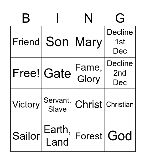 Latin Class Bingo Card