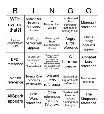 The Numberblocks Movie Bingo Card