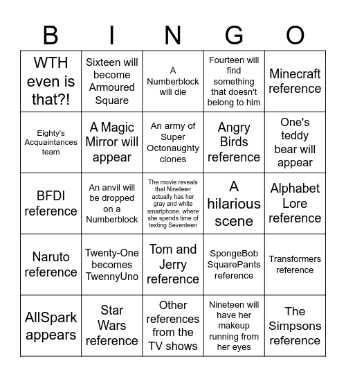 The Numberblocks Movie Bingo Card