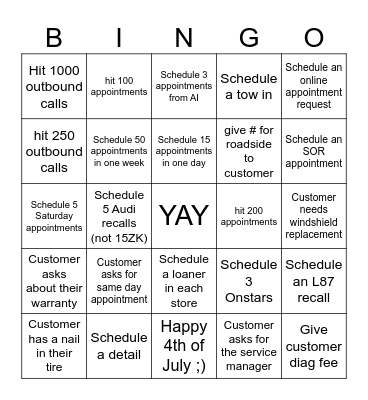 JULY Bingo Card
