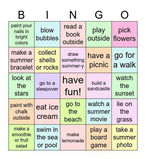 Summer Activities! Bingo Card