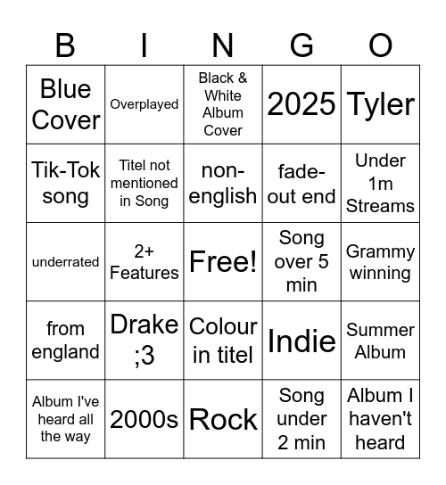 Spotify Bingo but alone :( Bingo Card