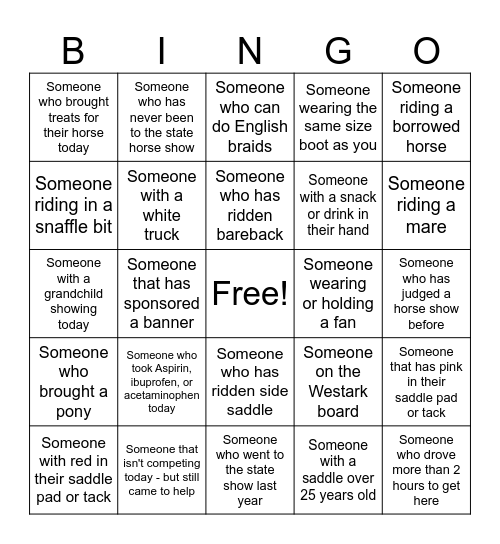 Horse Show Bingo Card