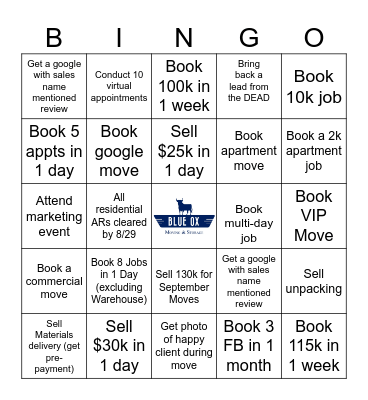 August Sales BINGO Card