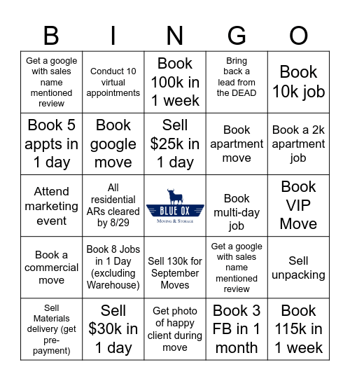August Sales BINGO Card