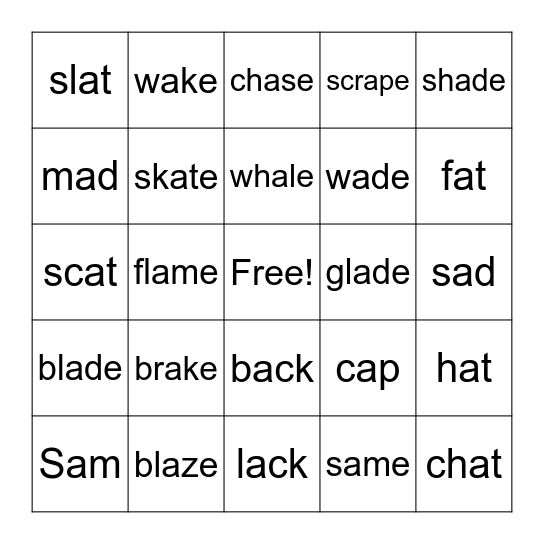 Long-a, Silent-e Bingo Card