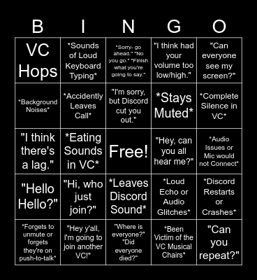 Relatable Discord VC Moments Bingo Card