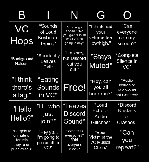 Relatable Discord VC Moments Bingo Card