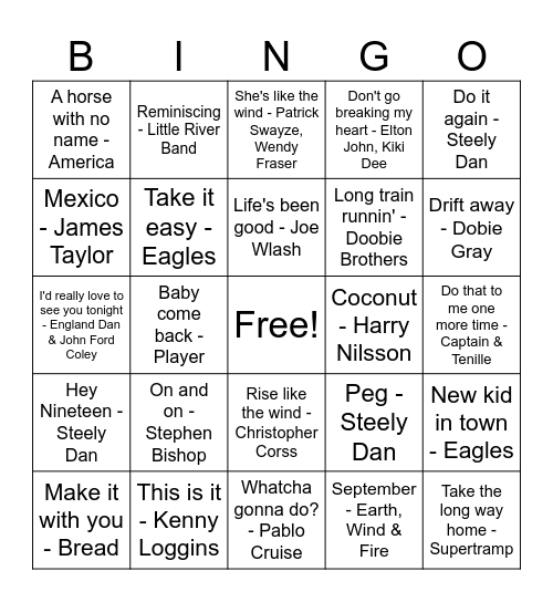 Yacht Rock Bingo Card